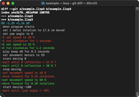 A screenshot of git diff showing differences in two versions of a project file converted to text by flippertools.
