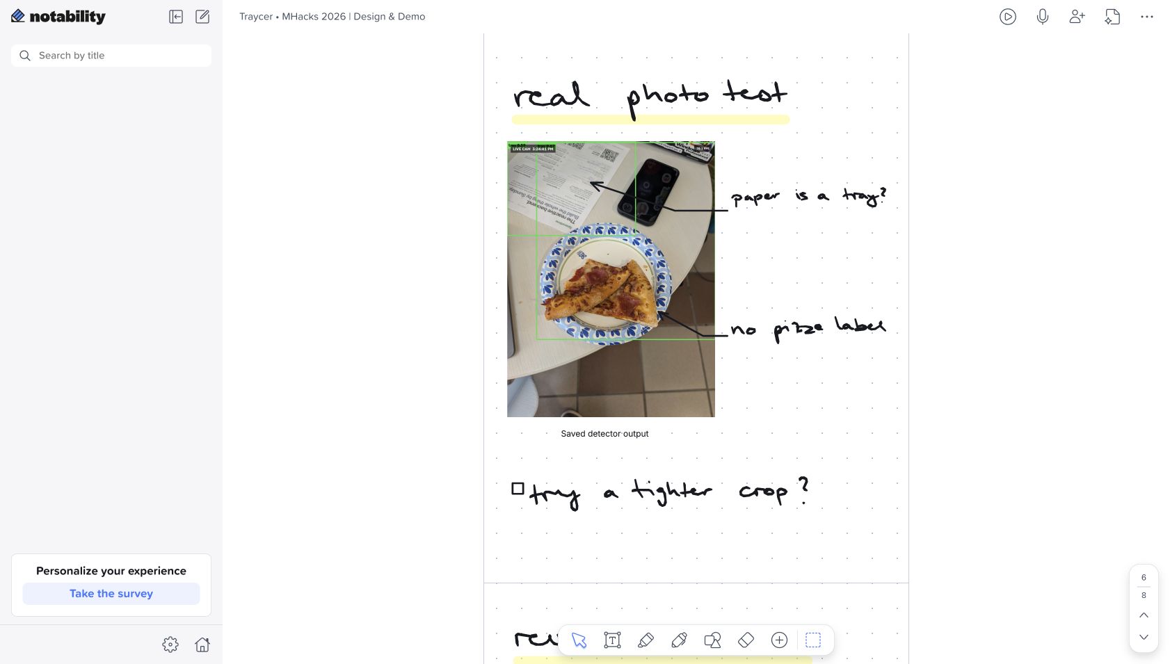 A real photo test of the detector, annotated by hand in Notability: the boxes pick up the paper beside the plate and miss the pizza label, so we noted trying a tighter crop.