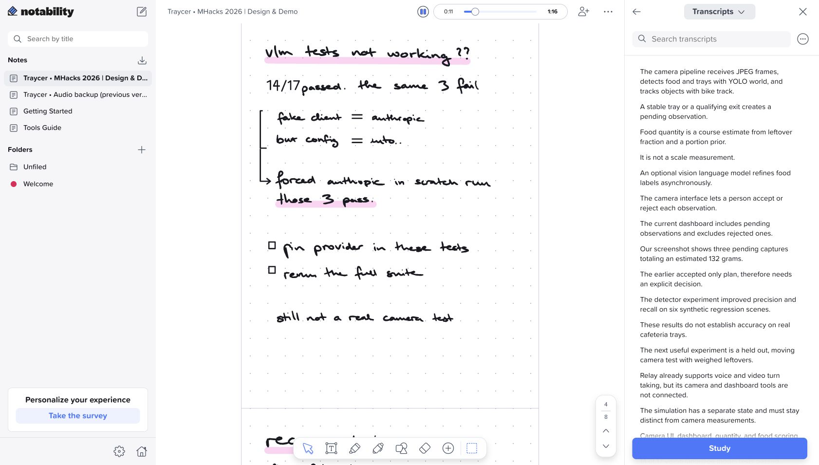 Notability's audio recording and live transcript beside our handwritten test notes: 14 of 17 vision-model tests passed, and the same 3 failed until we forced the provider in a scratch run.