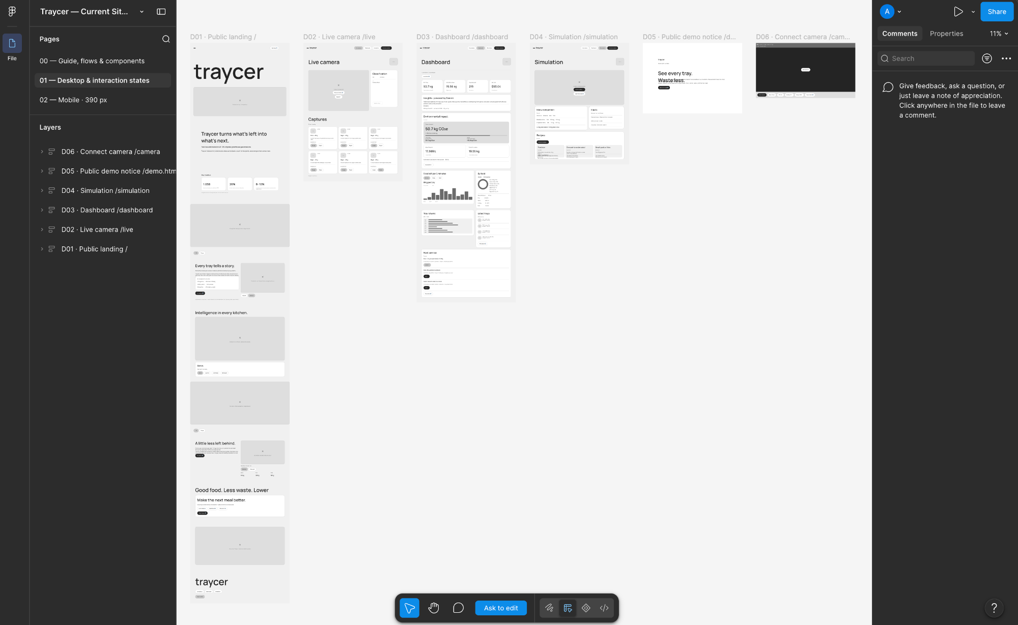 Traycer desktop wireframes: landing page, live camera, dashboard, simulation, demo notice, and camera connection