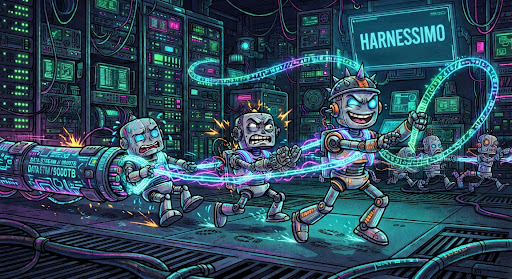 Robots in a server room wrestling a firehose of data while one of them holds a loop of it steady, under a sign reading HARNESSIMO