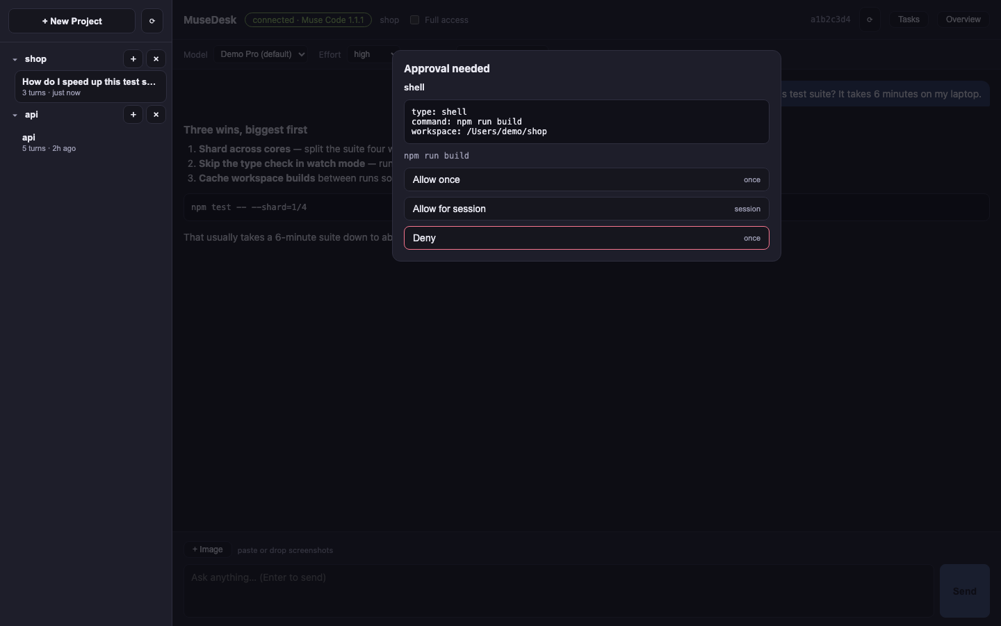 MuseDesk approval dialog over a running session