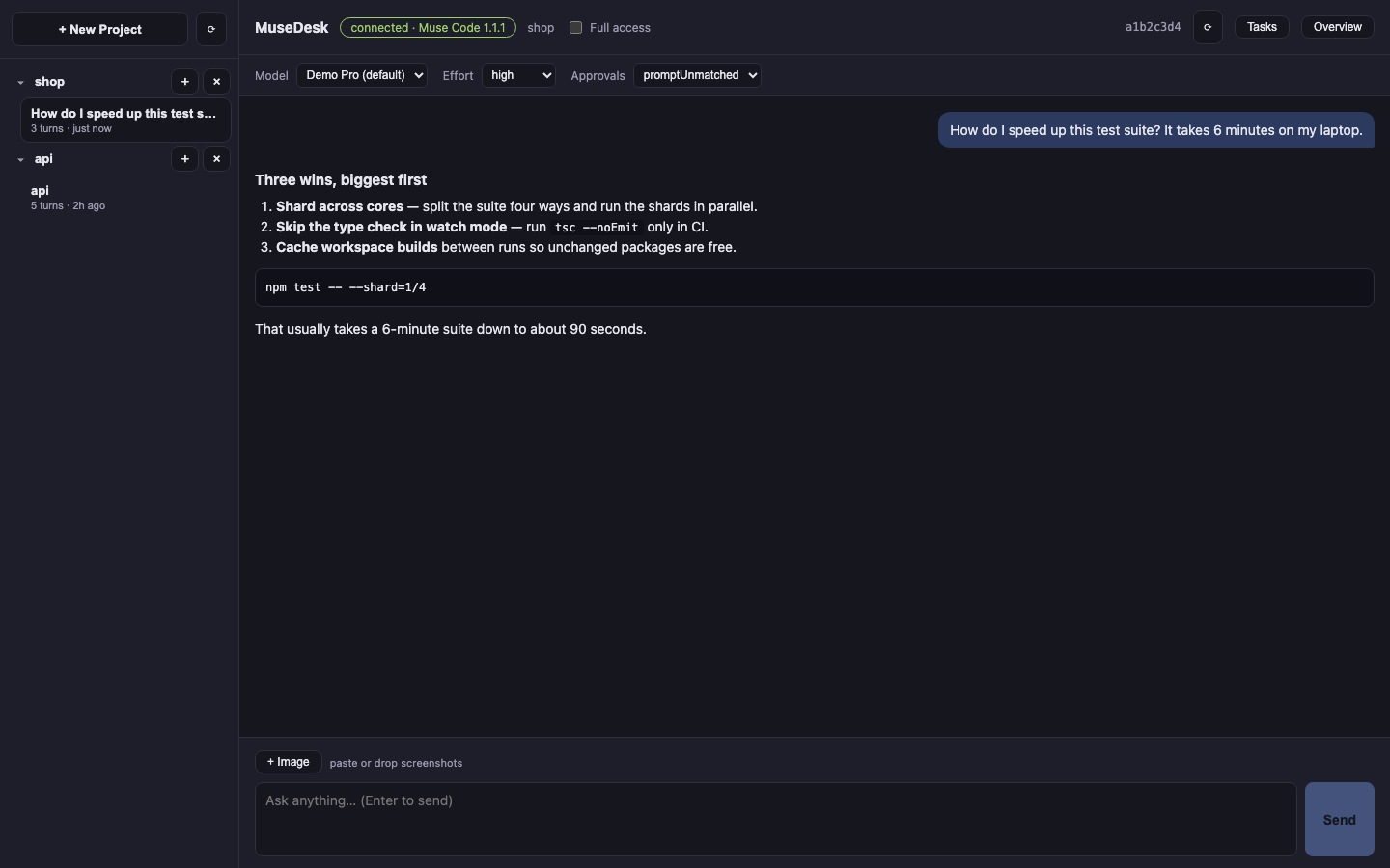 MuseDesk chat with sidebar, model controls, and streaming transcript