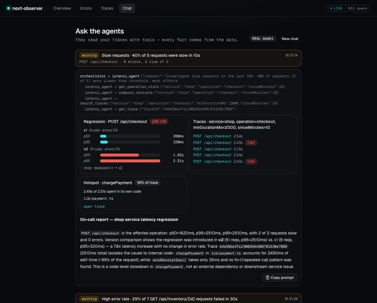 Chat: the detector noticed slow requests and the AI agents traced them to a function and a deployment