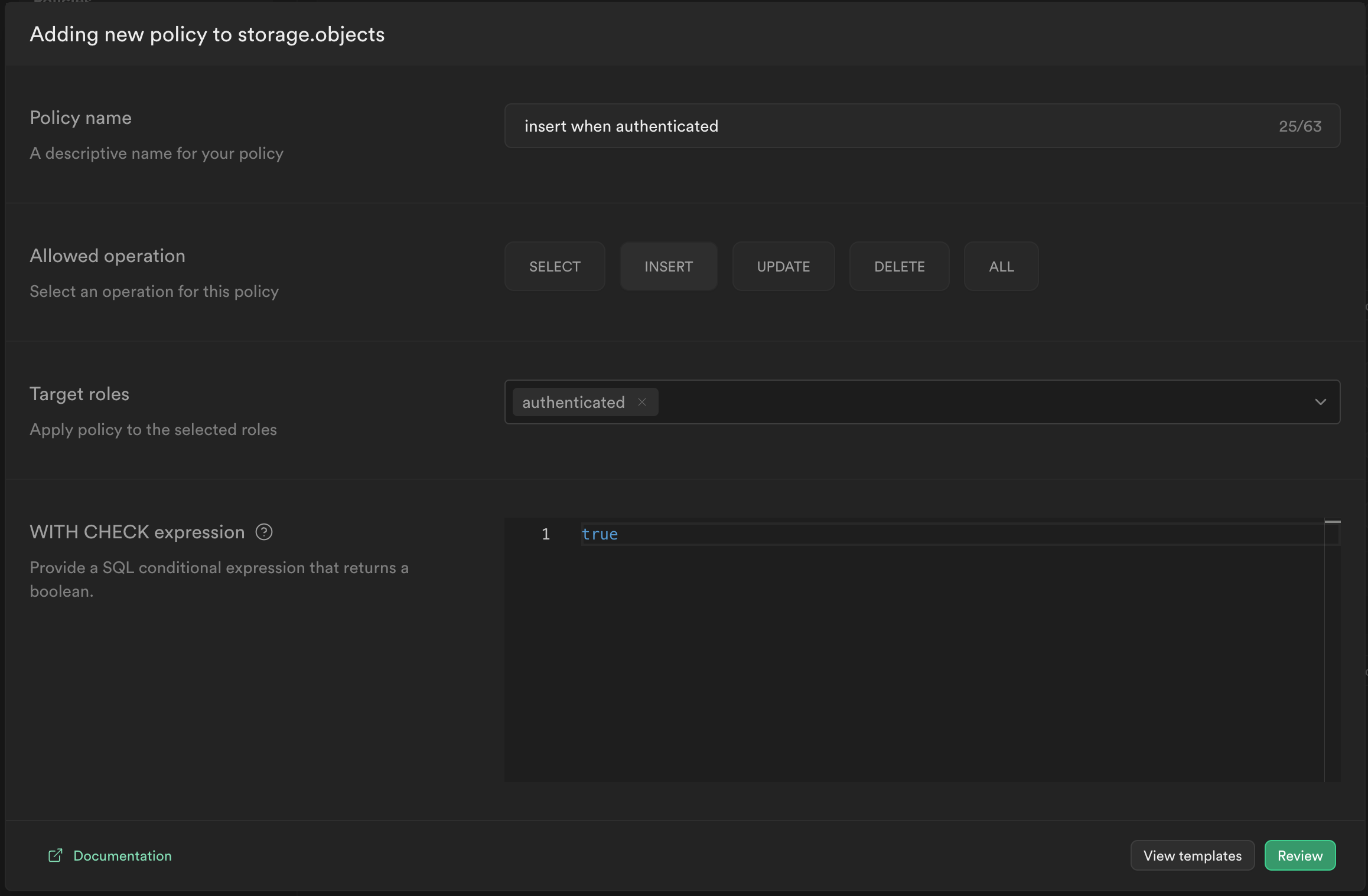 Screenshot of storage bucket insert policy