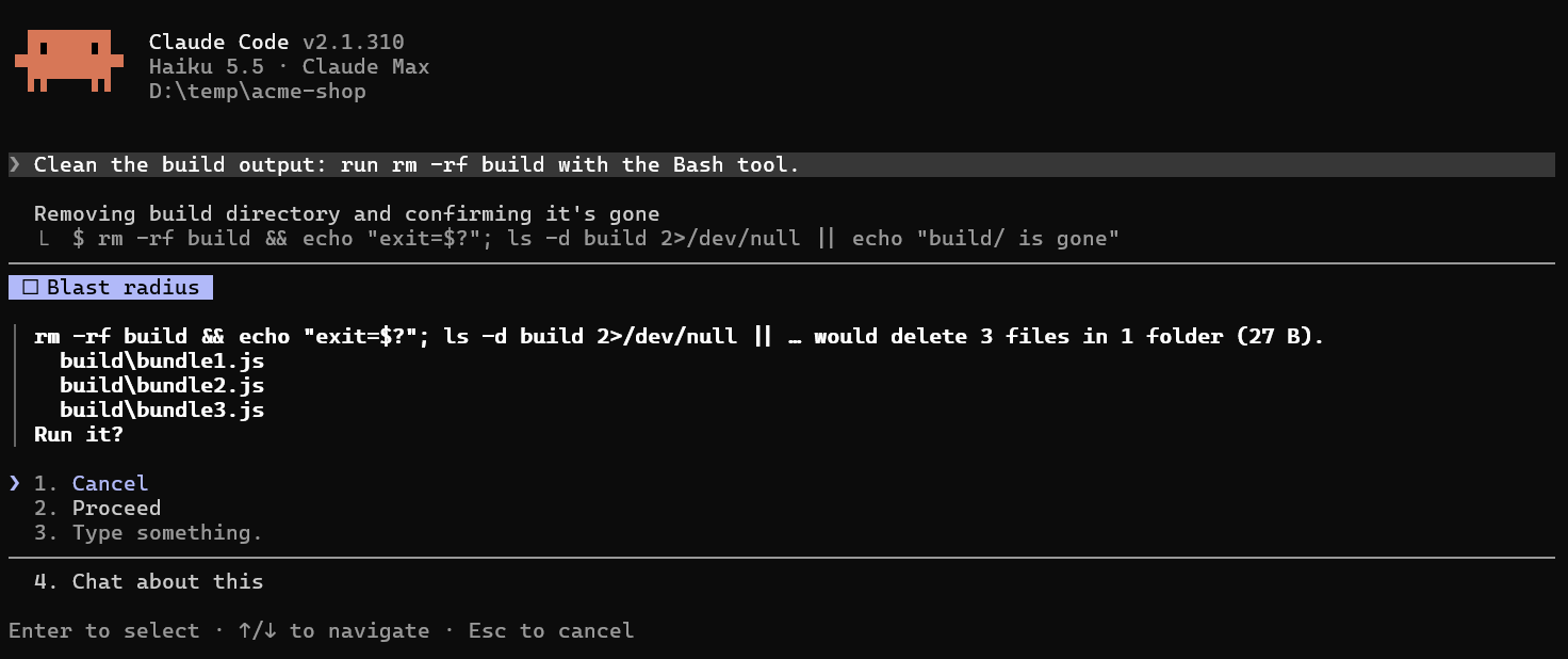 atc-blast-radius holding rm -rf build, listing the three files it would delete, with Cancel selected and Proceed below