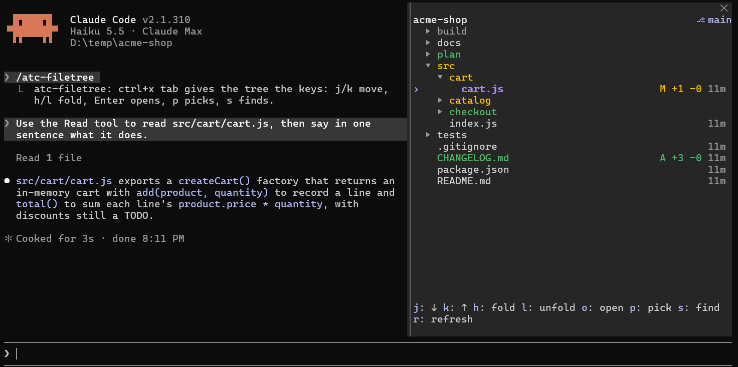 atc-filetree pane beside the chat with git colors, line counts, file ages and the file Claude just read lit purple