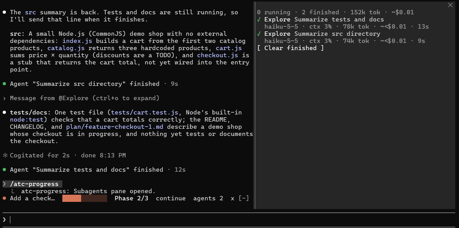 atc-progress plan bar above the prompt and the subagents pane listing two finished Explore agents with model, context, tokens, cost and time