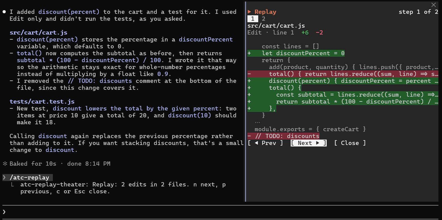 atc-replay-theater pane showing step 1 of 2, the diff of src/cart/cart.js in red and green, and Prev, Next and Close