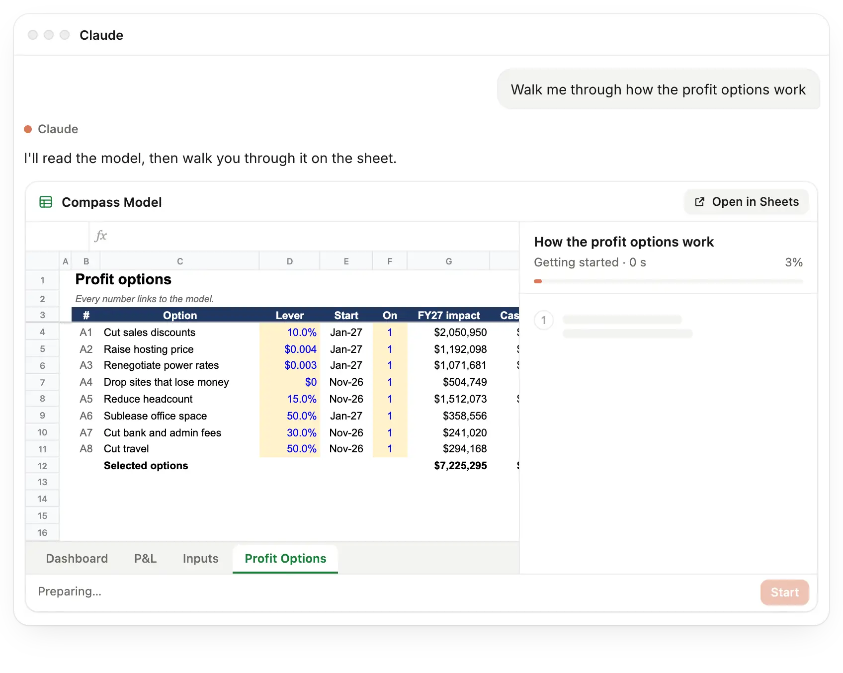 Claude reads a profit model, then walks through it on the sheet: it outlines the cells for each point with a note beside them, and answers a question typed in the walkthrough by stepping through two cells