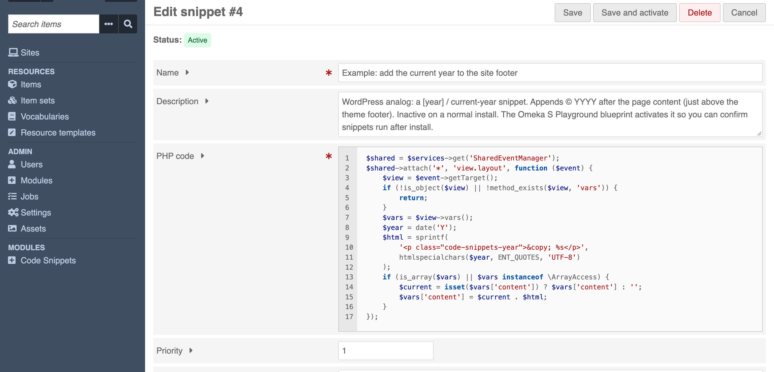 Editing a snippet in the Omeka S admin interface