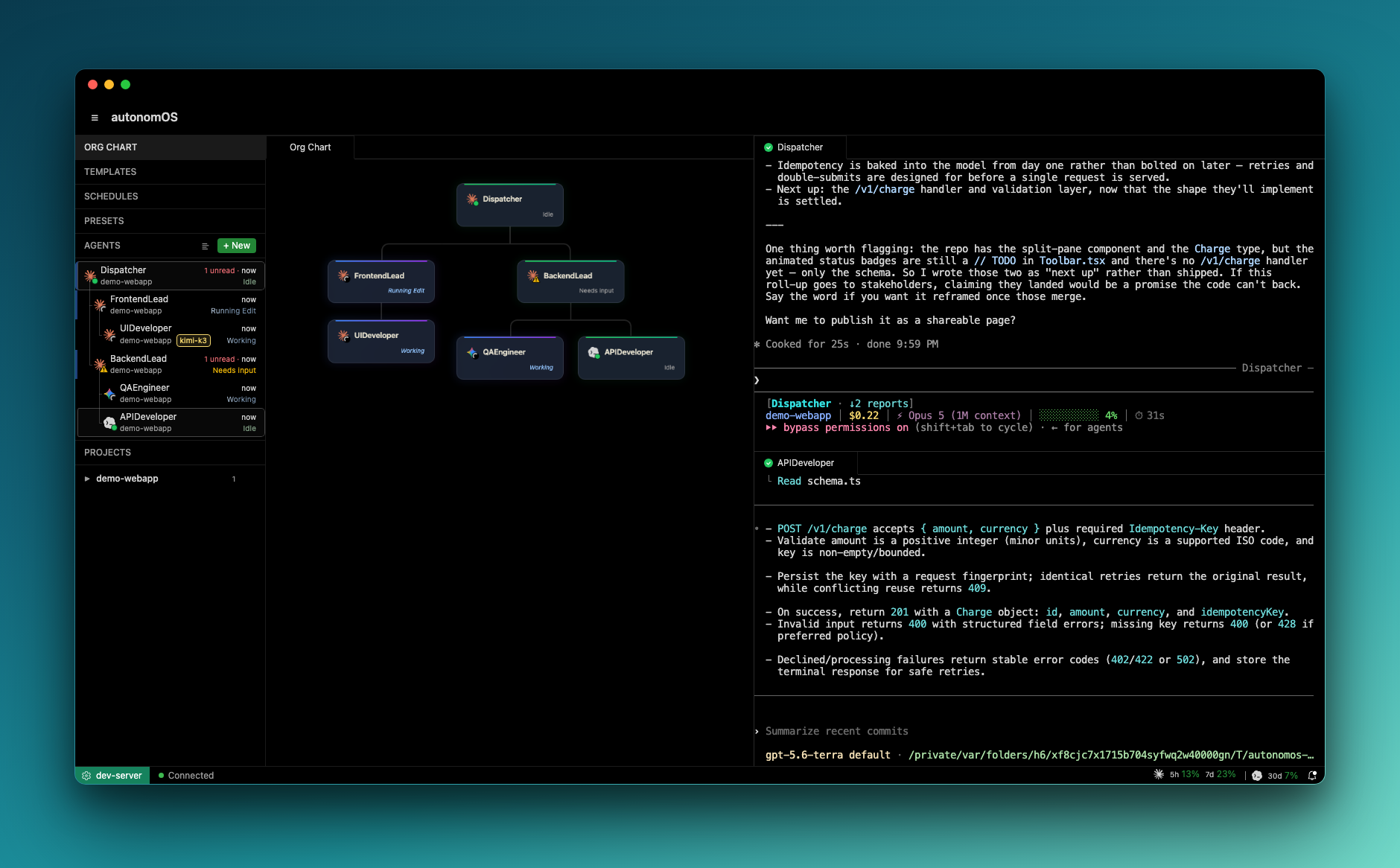autonomOS dashboard — split-pane terminals, agent org chart, live status