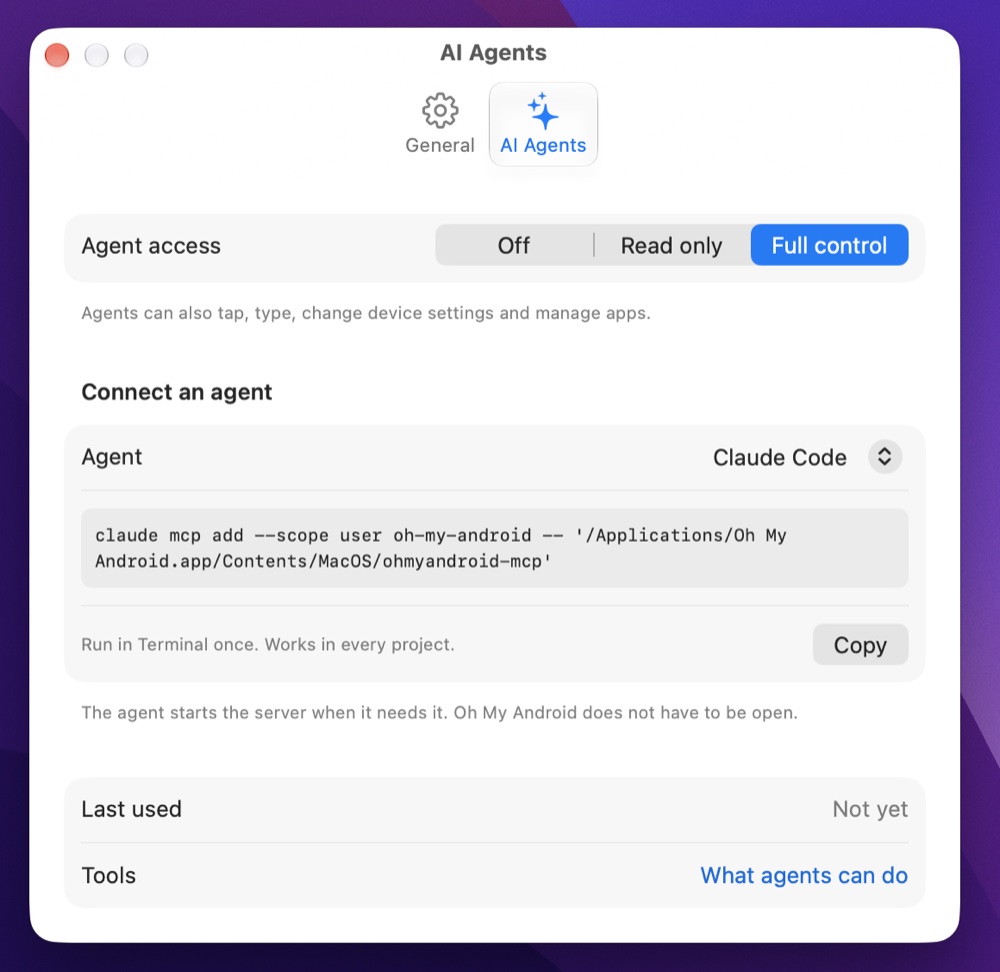 AI Agents settings: access level and one-step MCP setup for Claude Code, Codex, Cursor and VS Code