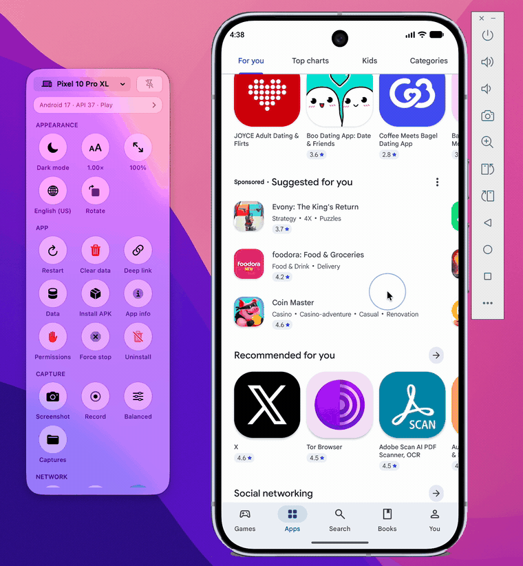 Demo: the Oh My Android panel beside the Android Emulator switches dark mode, font size and language to Arabic RTL, then simulates an incoming SMS and call