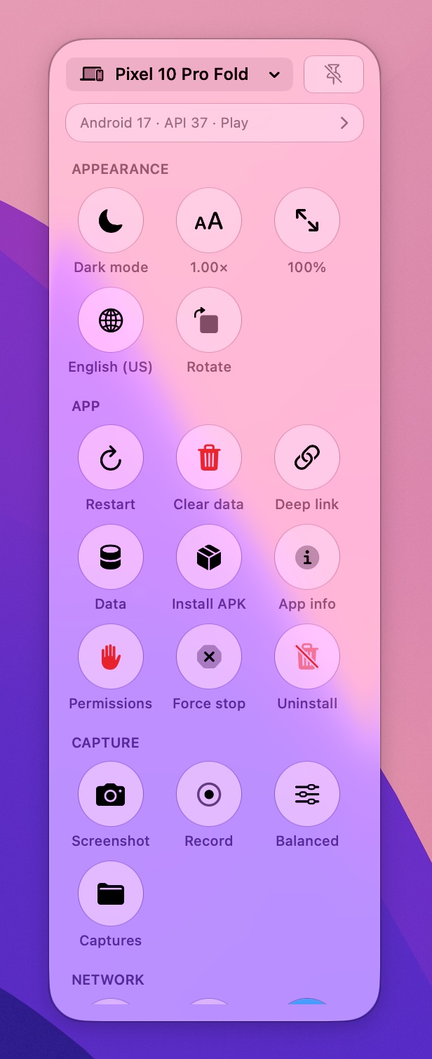 The Oh My Android control panel with appearance, app, capture and network actions