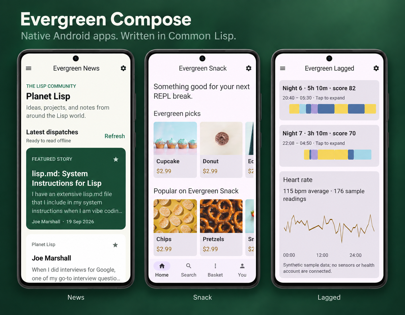 Evergreen Compose demos: News showing Planet Lisp articles, Snack showing a photo-rich storefront, and Lagged showing sleep stages and a heart-rate chart.