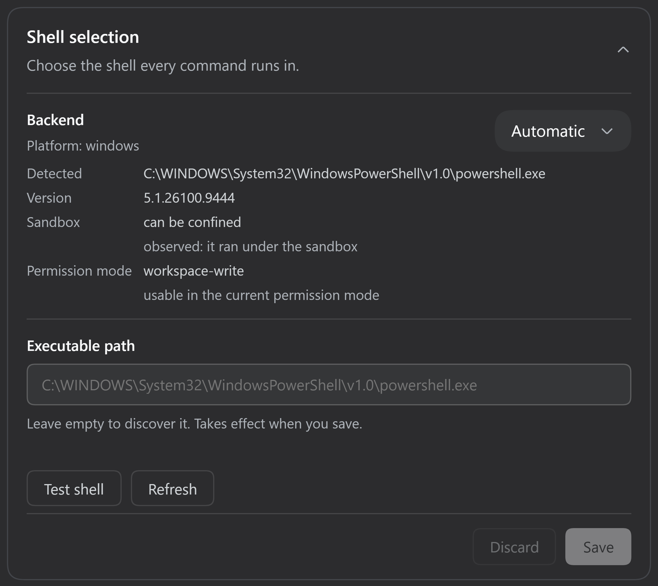 The Shell selection card in DSH Settings