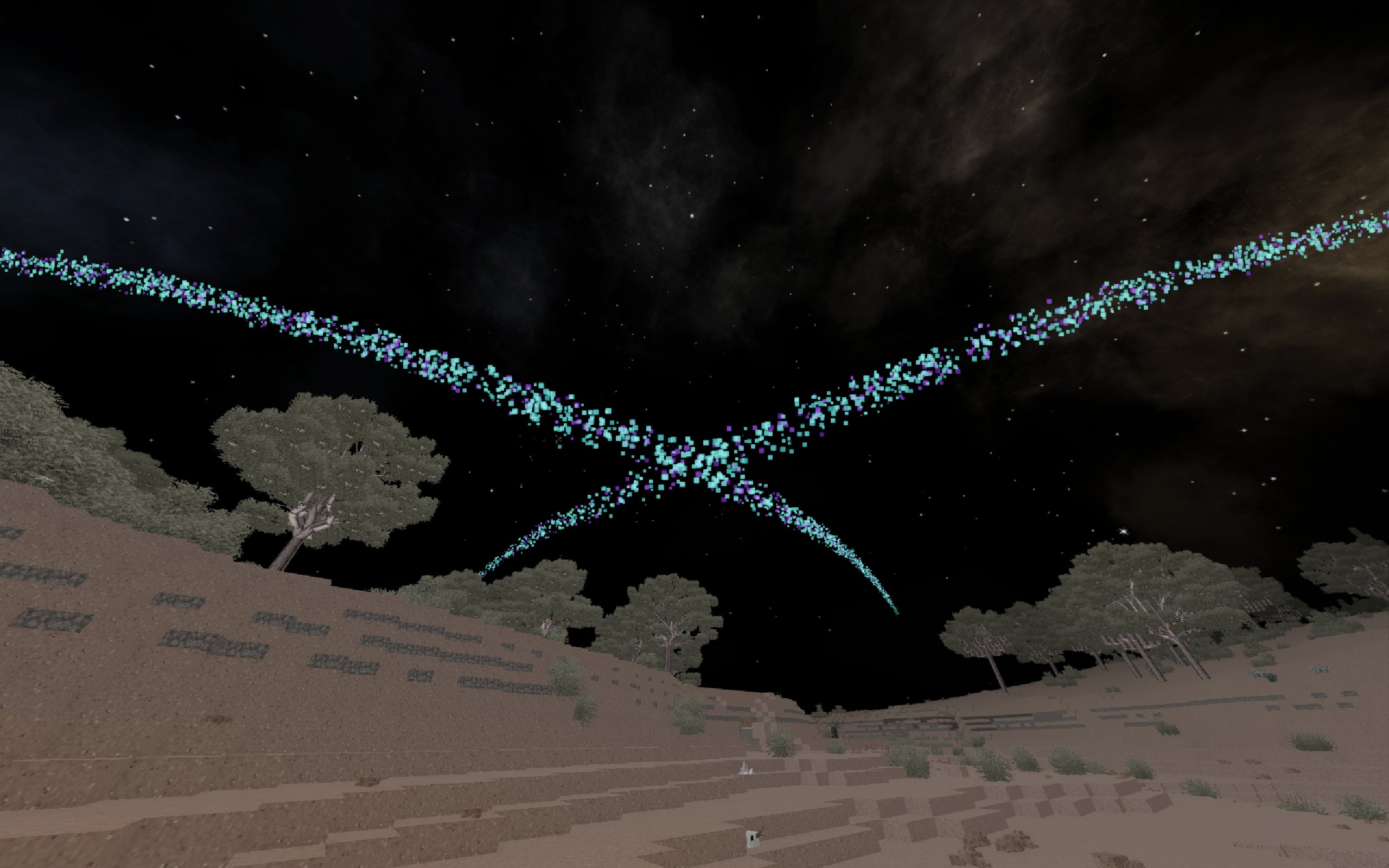 Two streams of light cross in the night sky