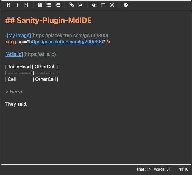 screenshot of Sanity-Plugin-MDIDE with dark colour palette