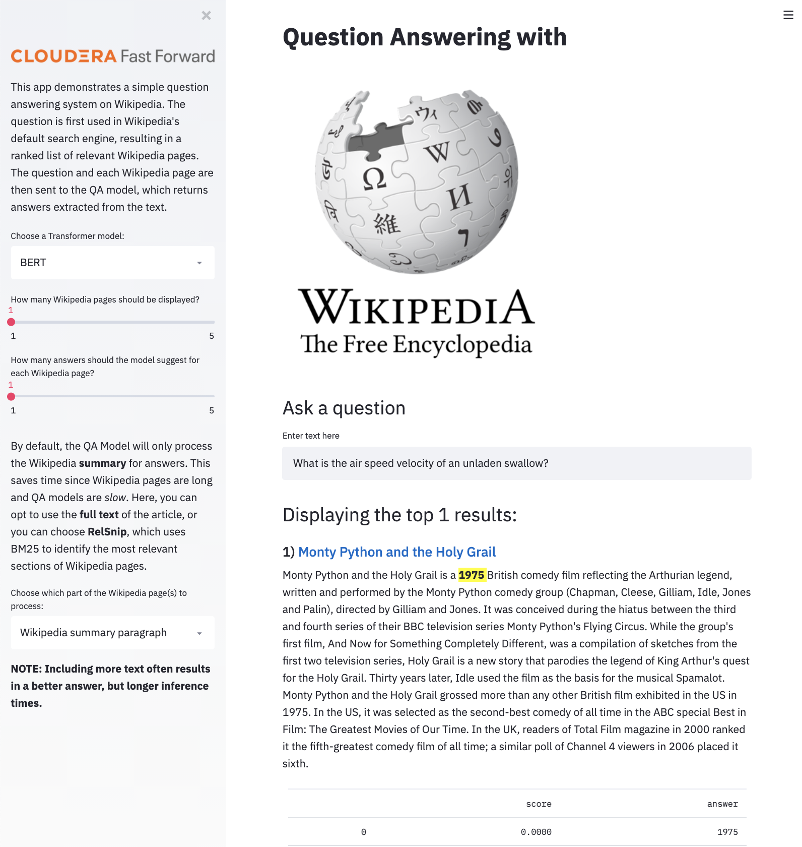 WikiQA question answering interface