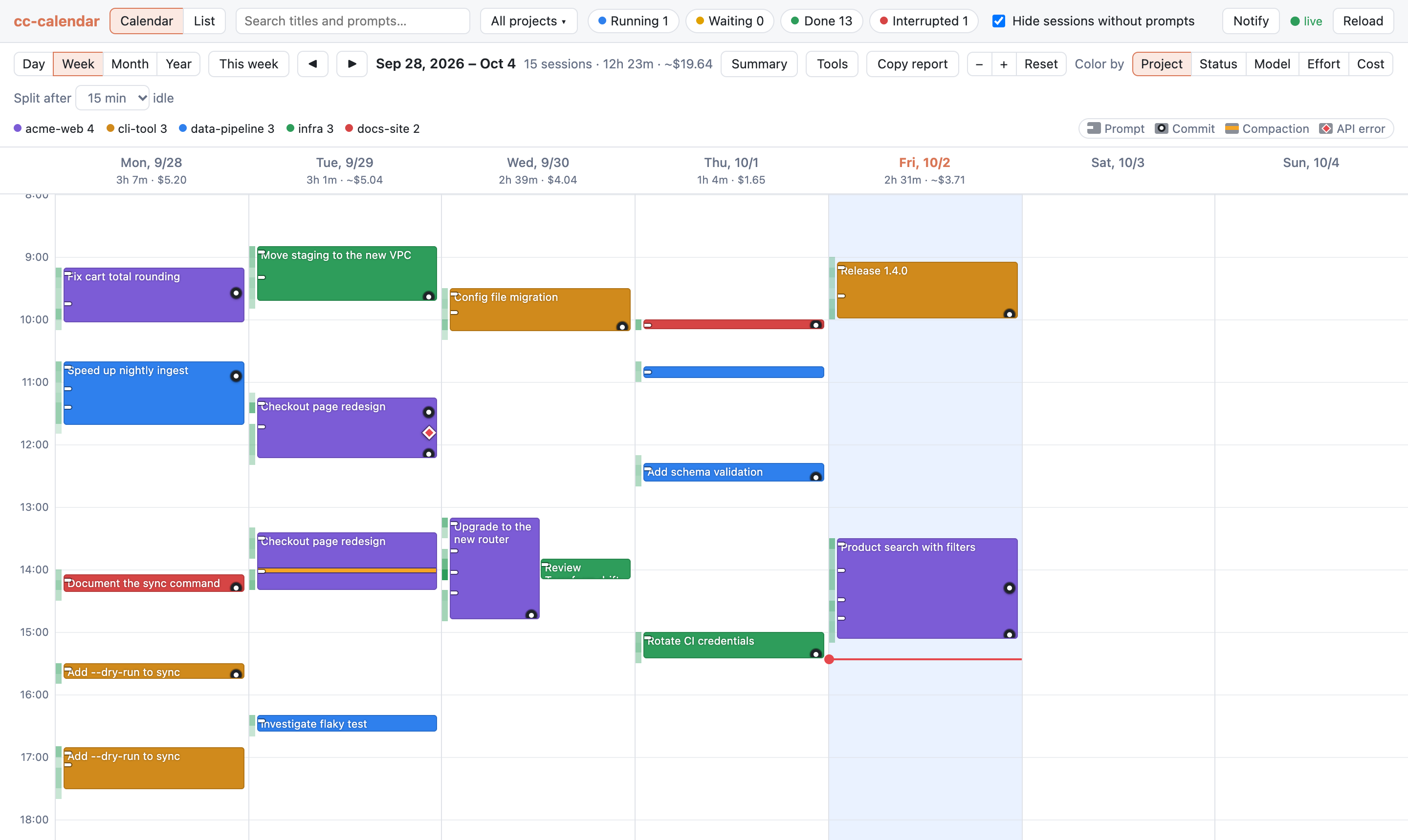 Week calendar colored by project