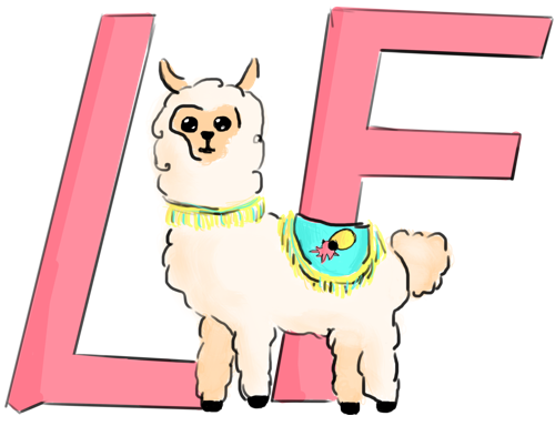 A llama with a cuttlefish logo standing in front of the letters LF