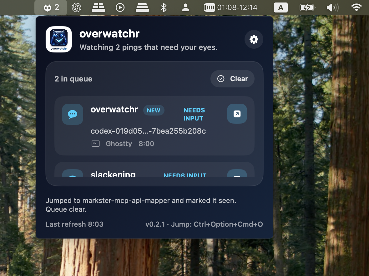 Overwatchr settings panel with shortcut and sound controls