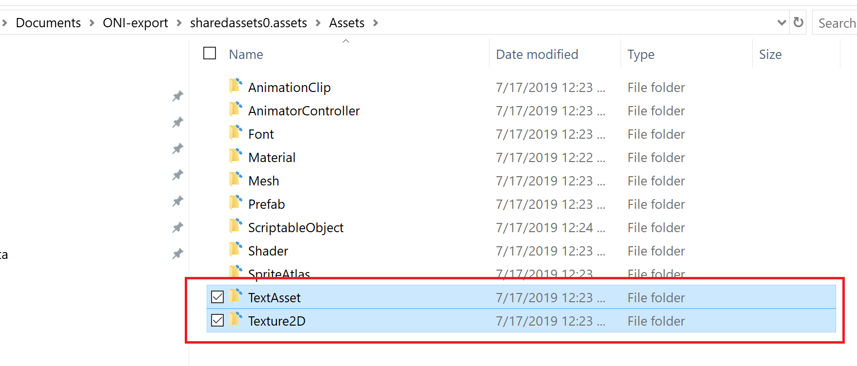 Image of the TextAsset and Texture2D folders