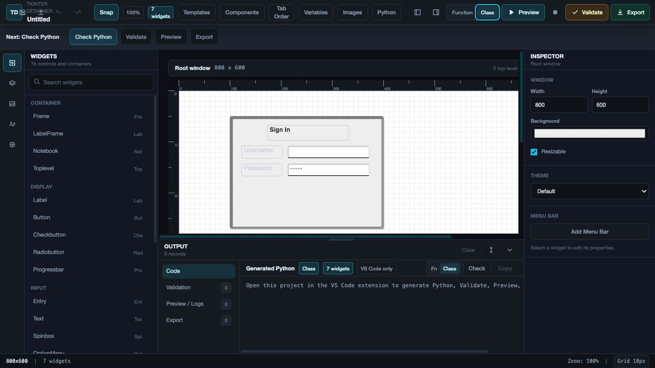 TK-Form Class export mode and generated App class shown in VS Code