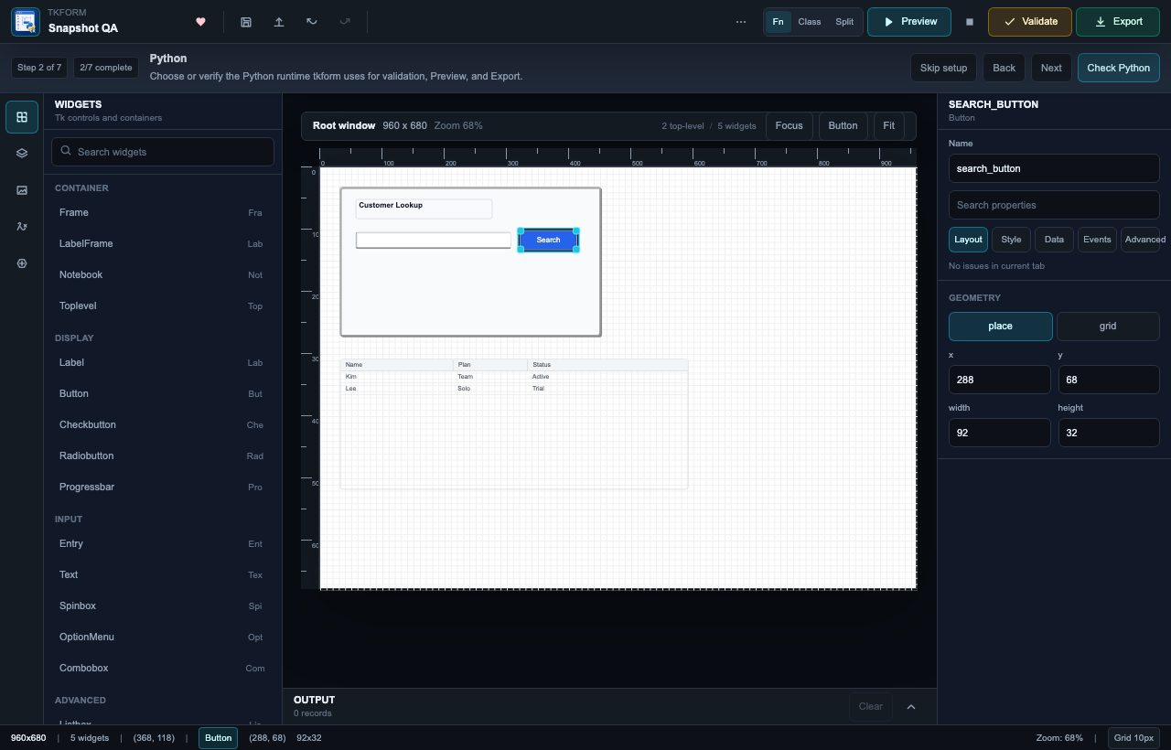 TK-Form running inside VS Code with the toolbox, canvas, widget tree, and inspector visible
