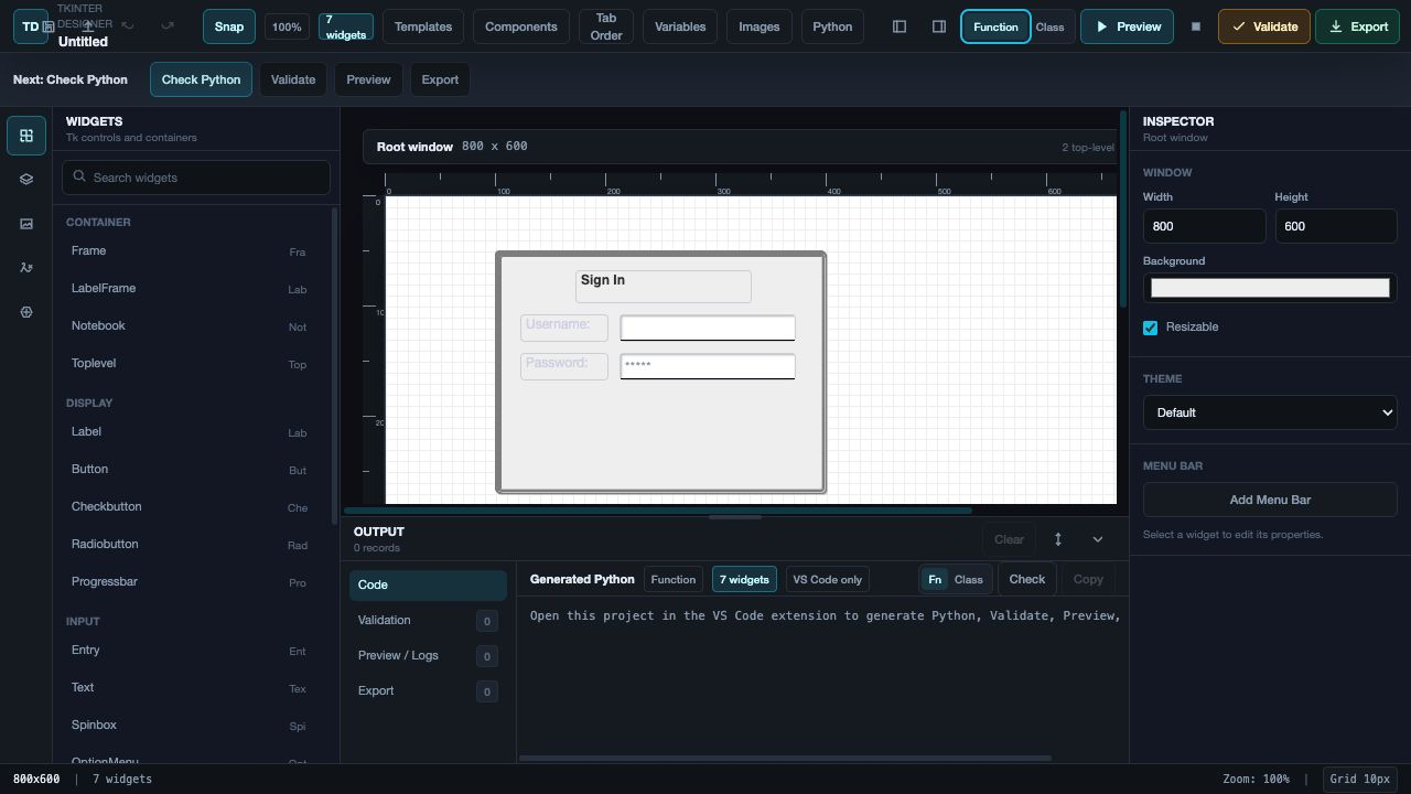 TK-Form workflow from visual design through validation and preview to Python export