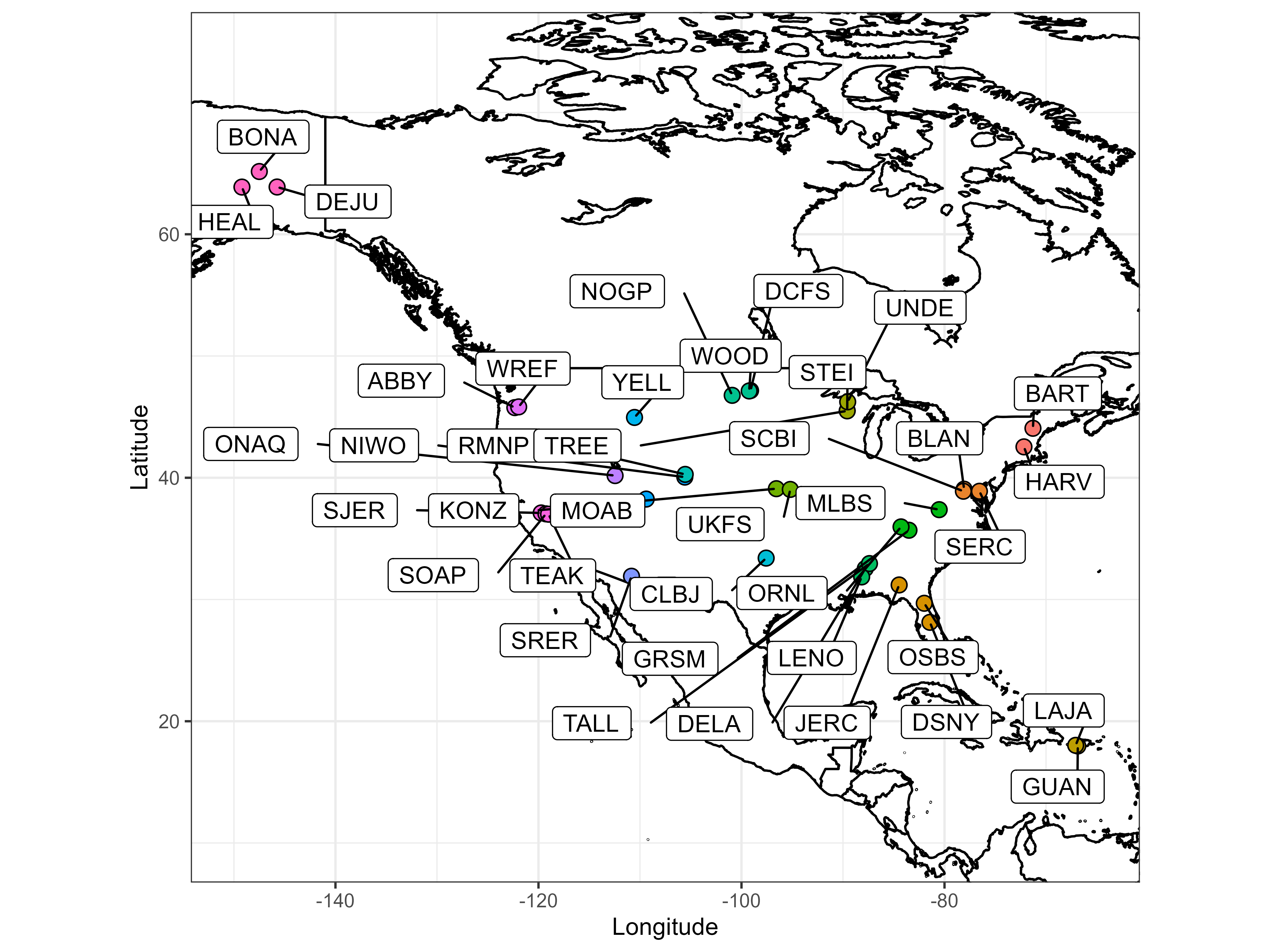 Figure 1. Map showing all 35 NEON terrestrial sites included in this data product.