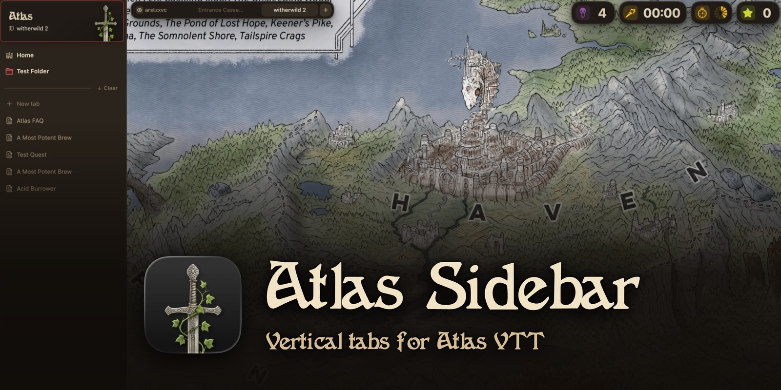 Atlas Sidebar, vertical tabs for Atlas VTT. The sidebar with the Atlas pin and the open notes beside a world map in Atlas.