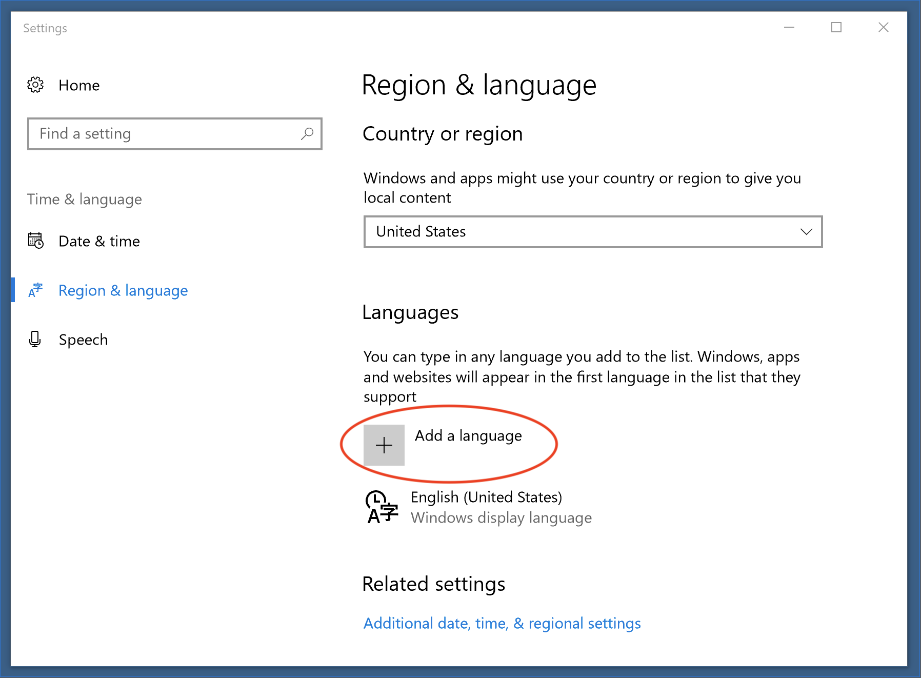 Add the language from the Language and Regions settings panel