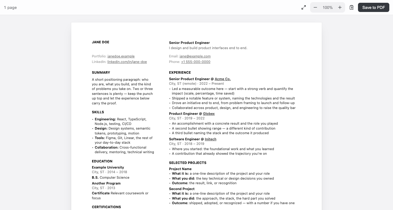 The ResumeViewer rendering a resume