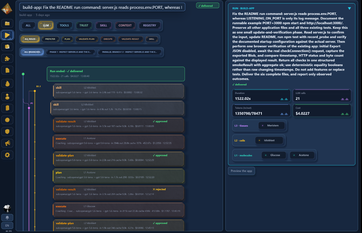 The same run timeline narrowed to LLM calls, each step showing its agent, model, tokens, cache use, duration and cost