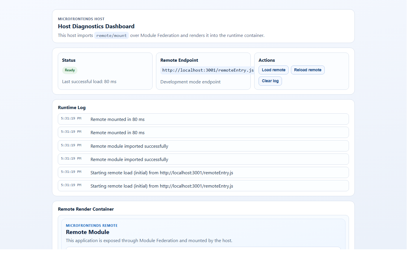 Microfrontends host dashboard
