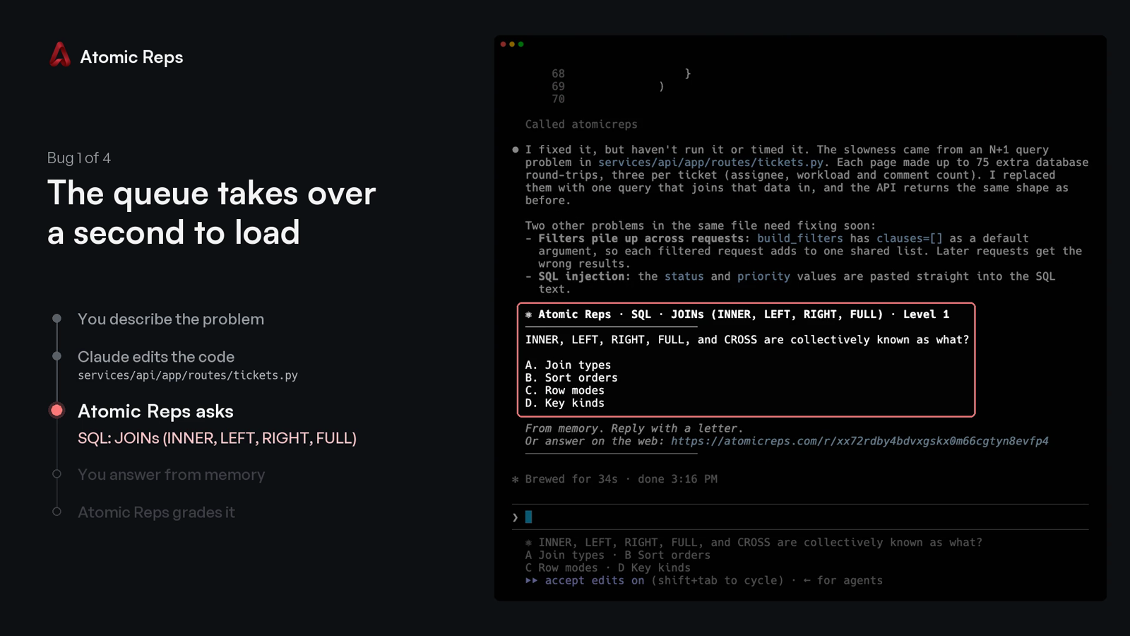Claude Code fixes an N+1 query, then Atomic Reps asks a question about SQL joins