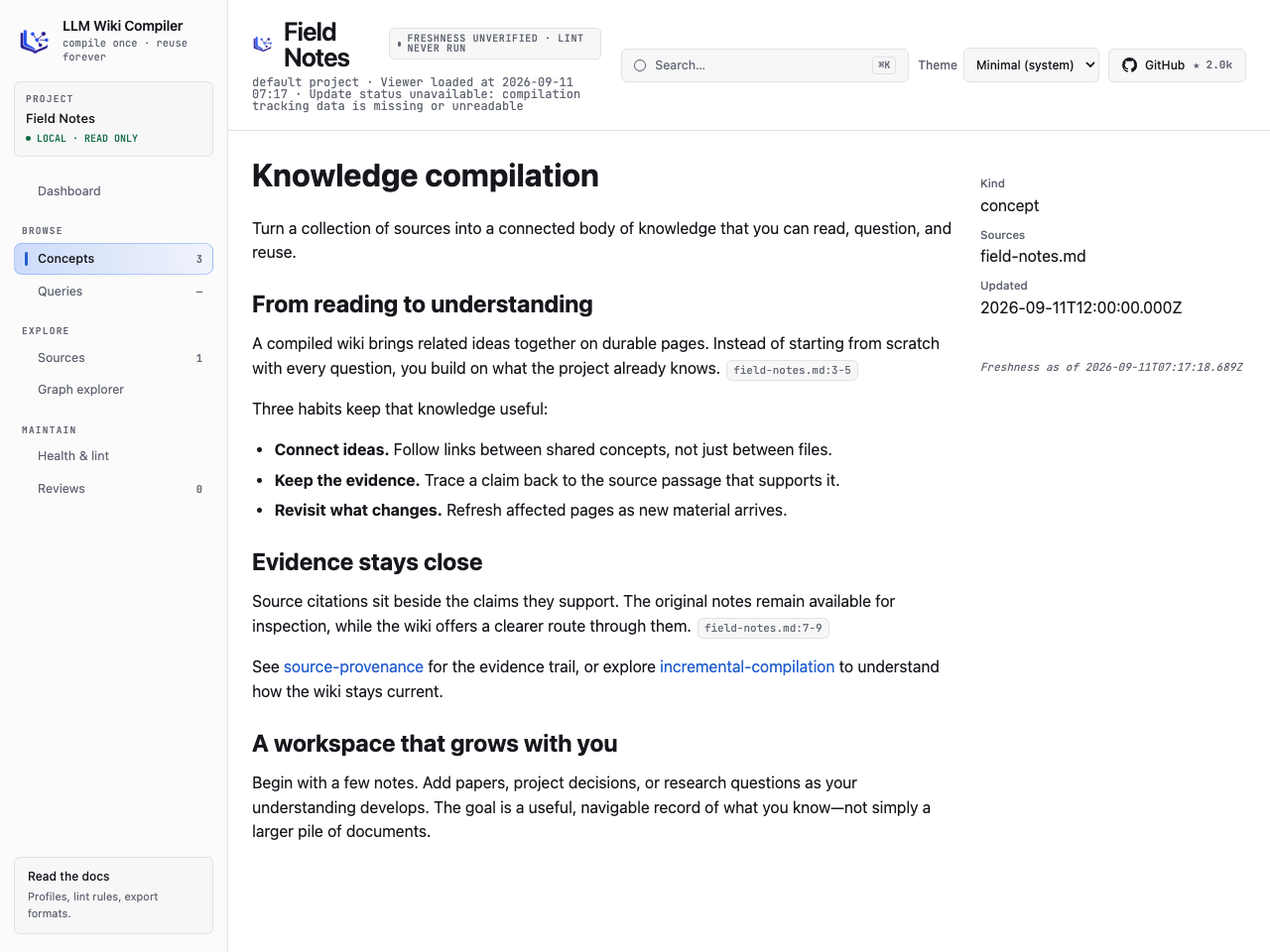 The same populated Knowledge compilation page in Minimal, following the system light setting