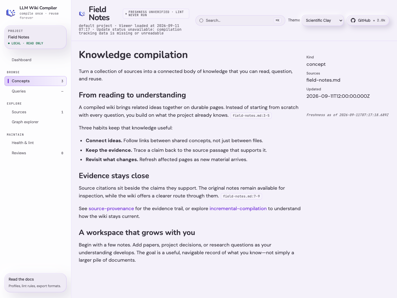 Knowledge compilation page in Scientific Clay, with soft lavender surfaces and rounded typography