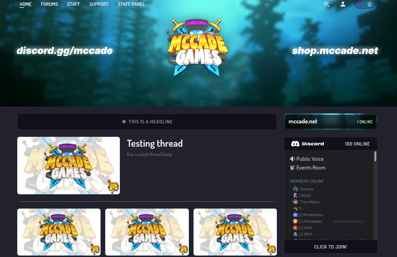 A view of the home page with announcements