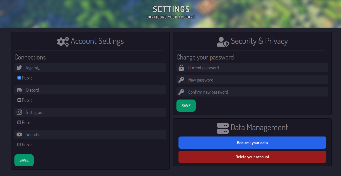 A view of the Settings page