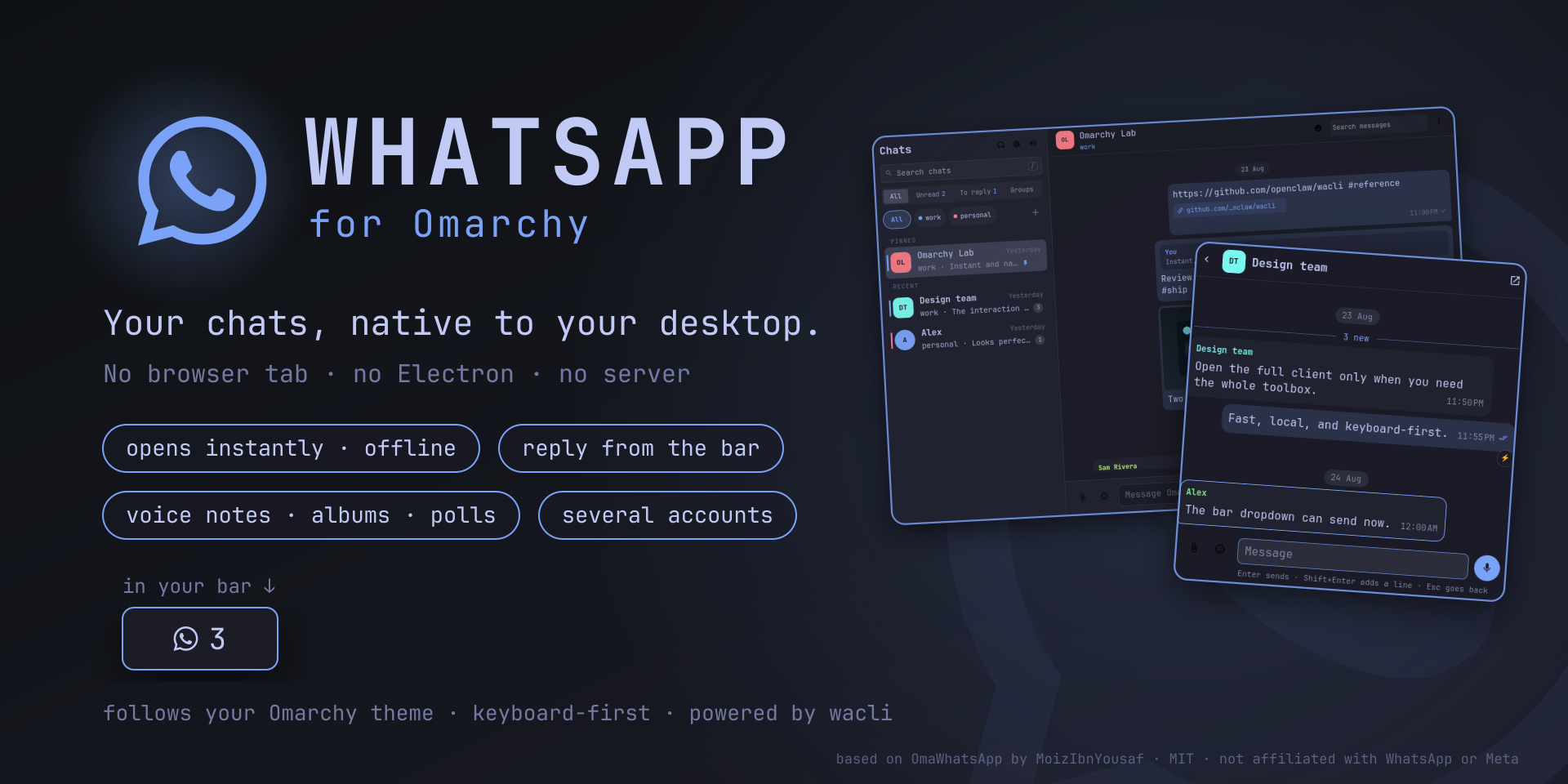 WhatsApp for Omarchy: the full app and the bar dropdown