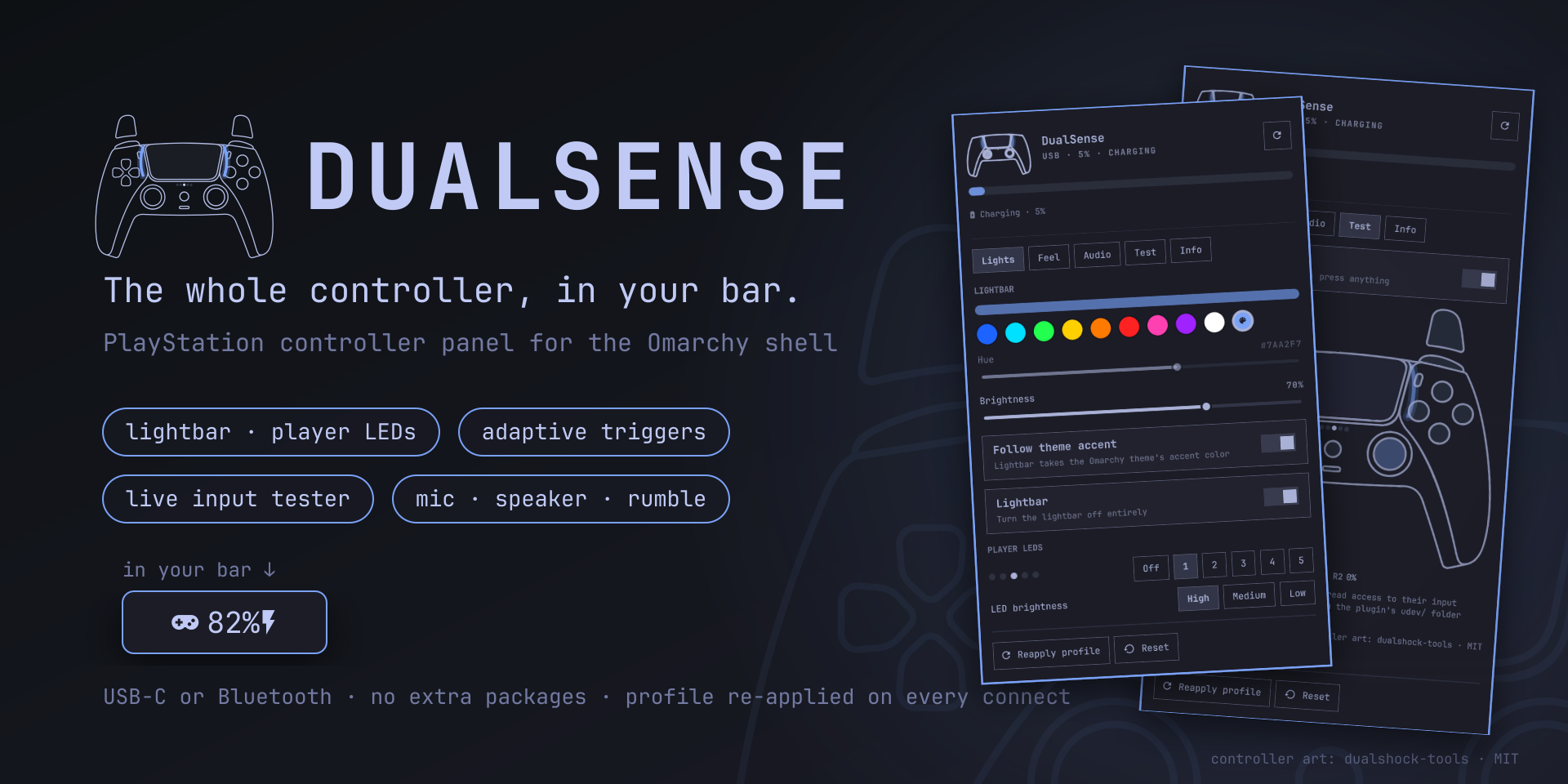 DualSense panel on the Omarchy bar