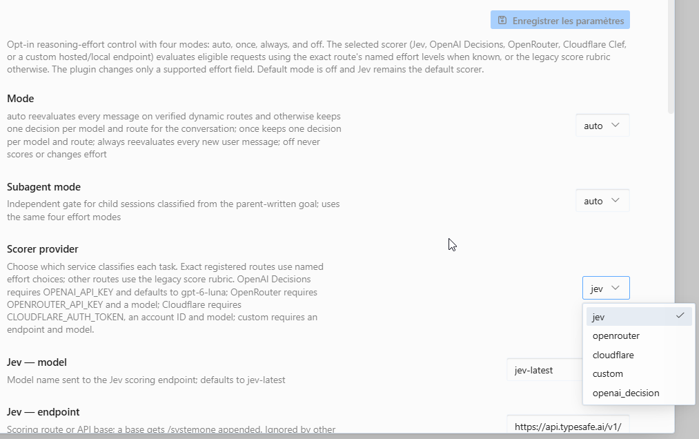 Plugin settings in Hermes Desktop with the scorer provider list open