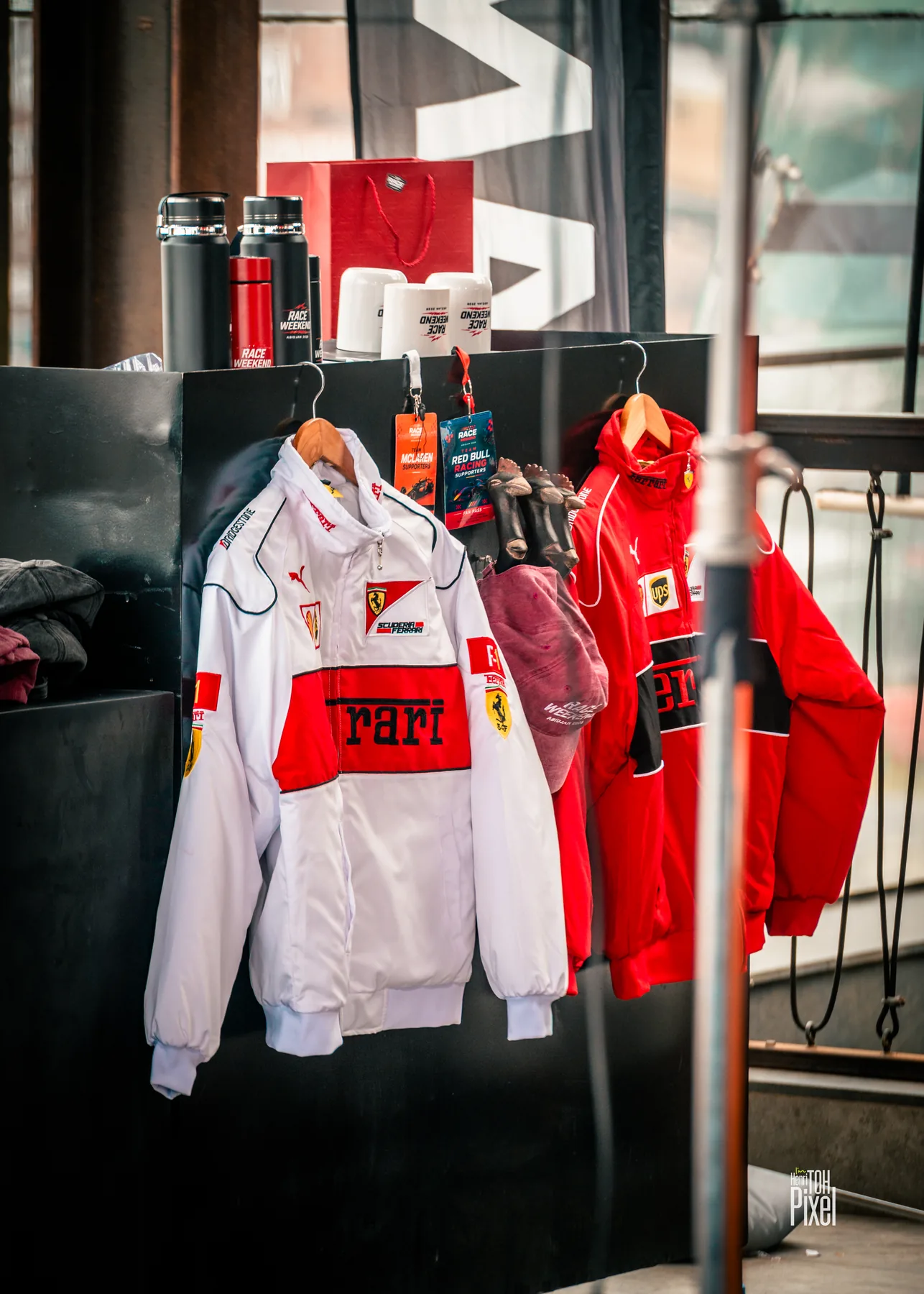 Motorsport jackets and merchandise on display at Race Weekend