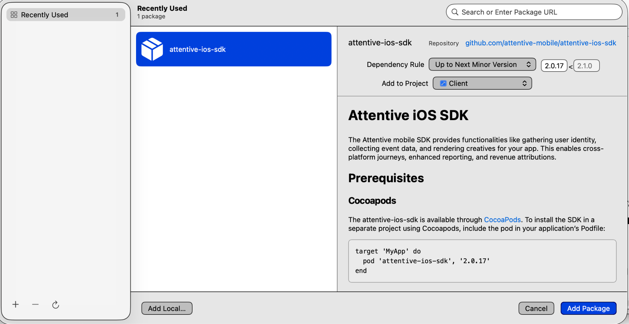 Xcode project with the Attentive iOS SDK installed