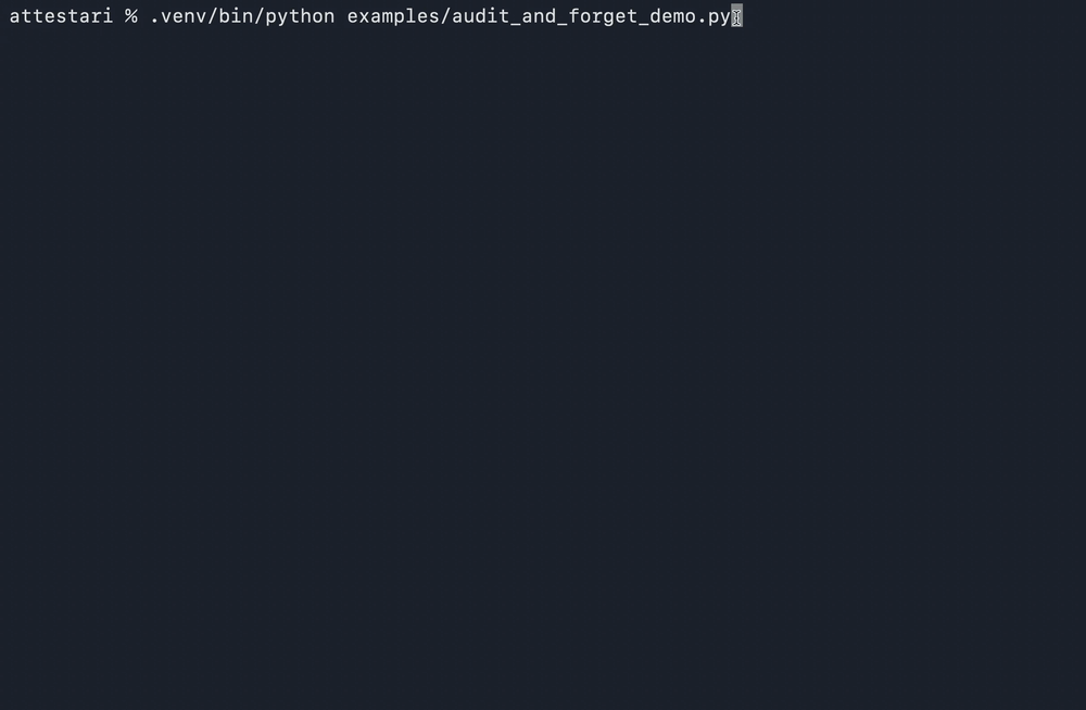Attestari: a subject is forgotten — the raw row becomes unreadable ciphertext, recall returns nothing, and the tamper-evident audit chain still verifies