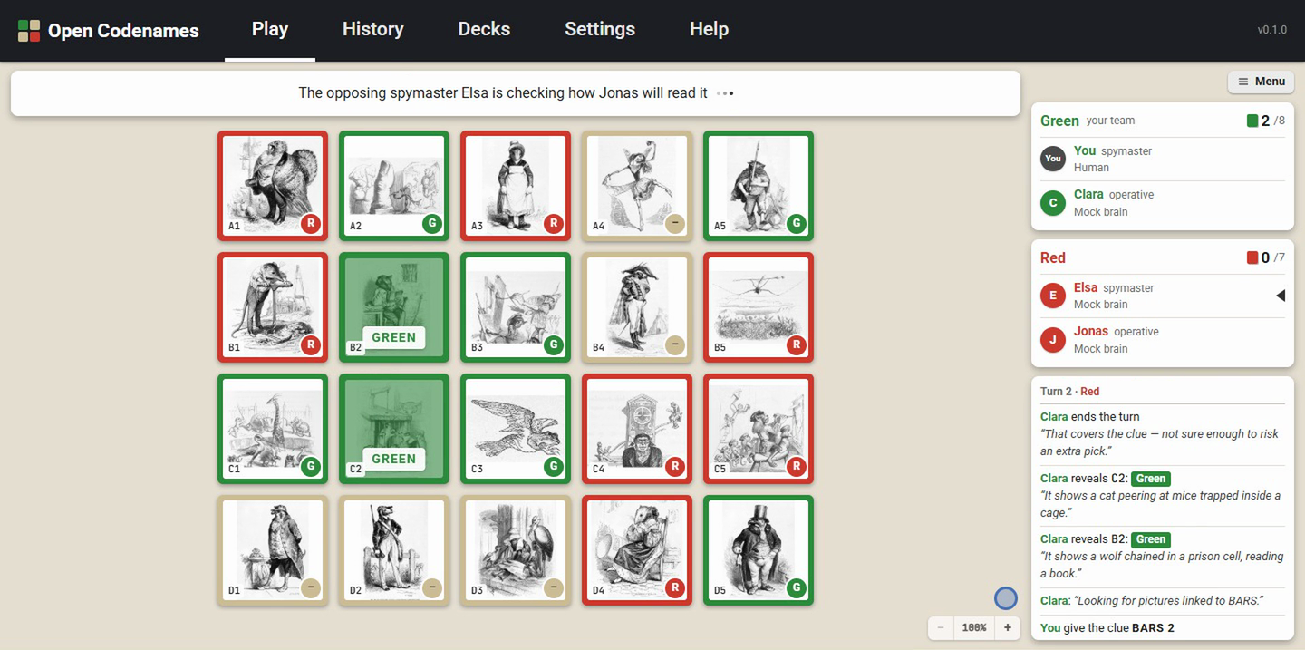 A game in progress: the spymaster's view with the secret key, the AI teammate's picks and its reasoning in the game log